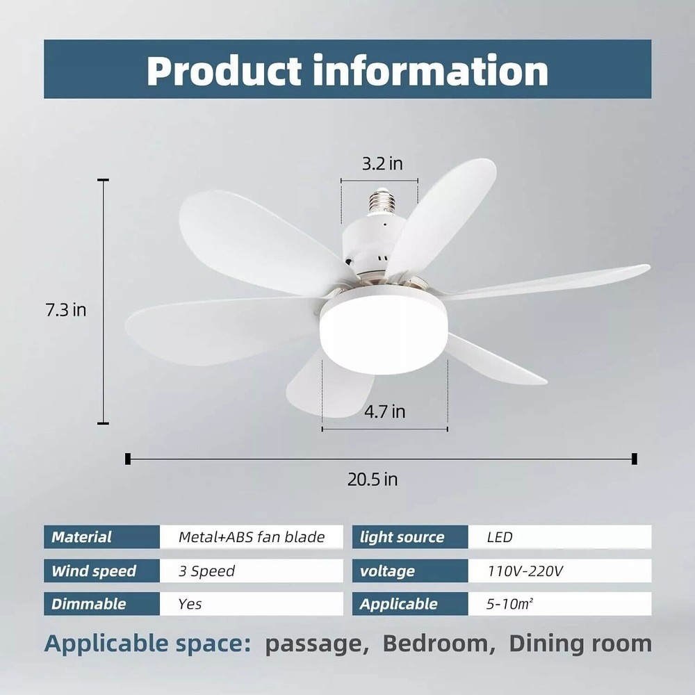 Ceiling Fan E27 Socket Fan 30W with Dimmable LED Light Remote Controller 3 Speed