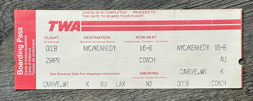 Kiss Ticket Pass ERIC CARR Crazy Nights Tour Concert TWA Airlines Vintage Kiss