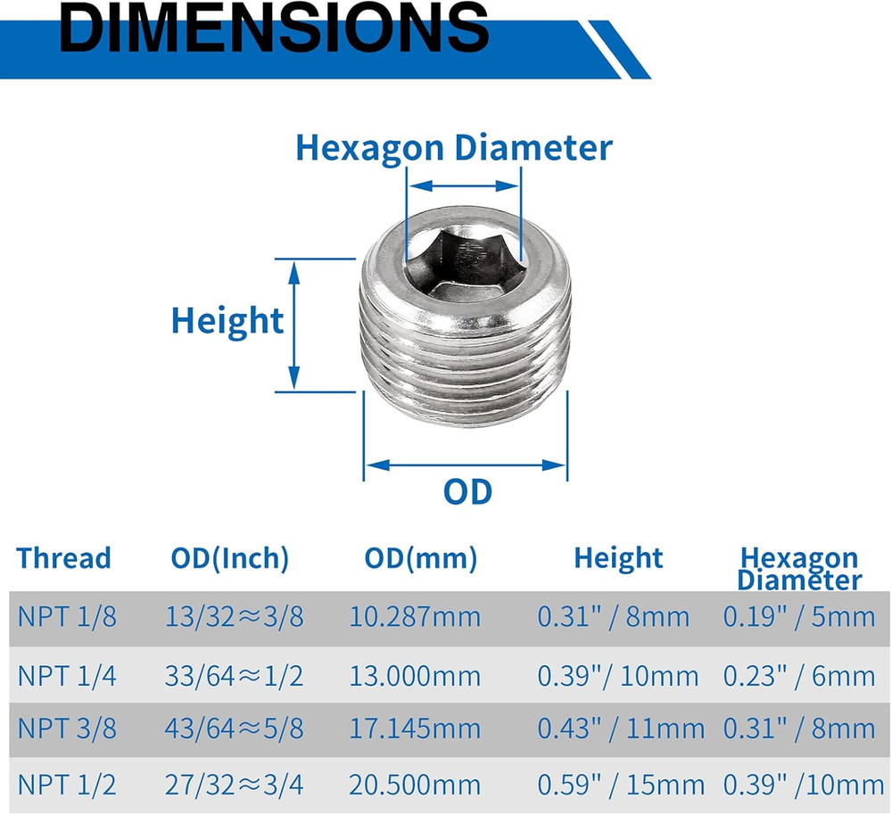 3/8" NPT Male Plug, 304 Stainless Steel Internal Hex Thread Pipe Plug Socket Kit