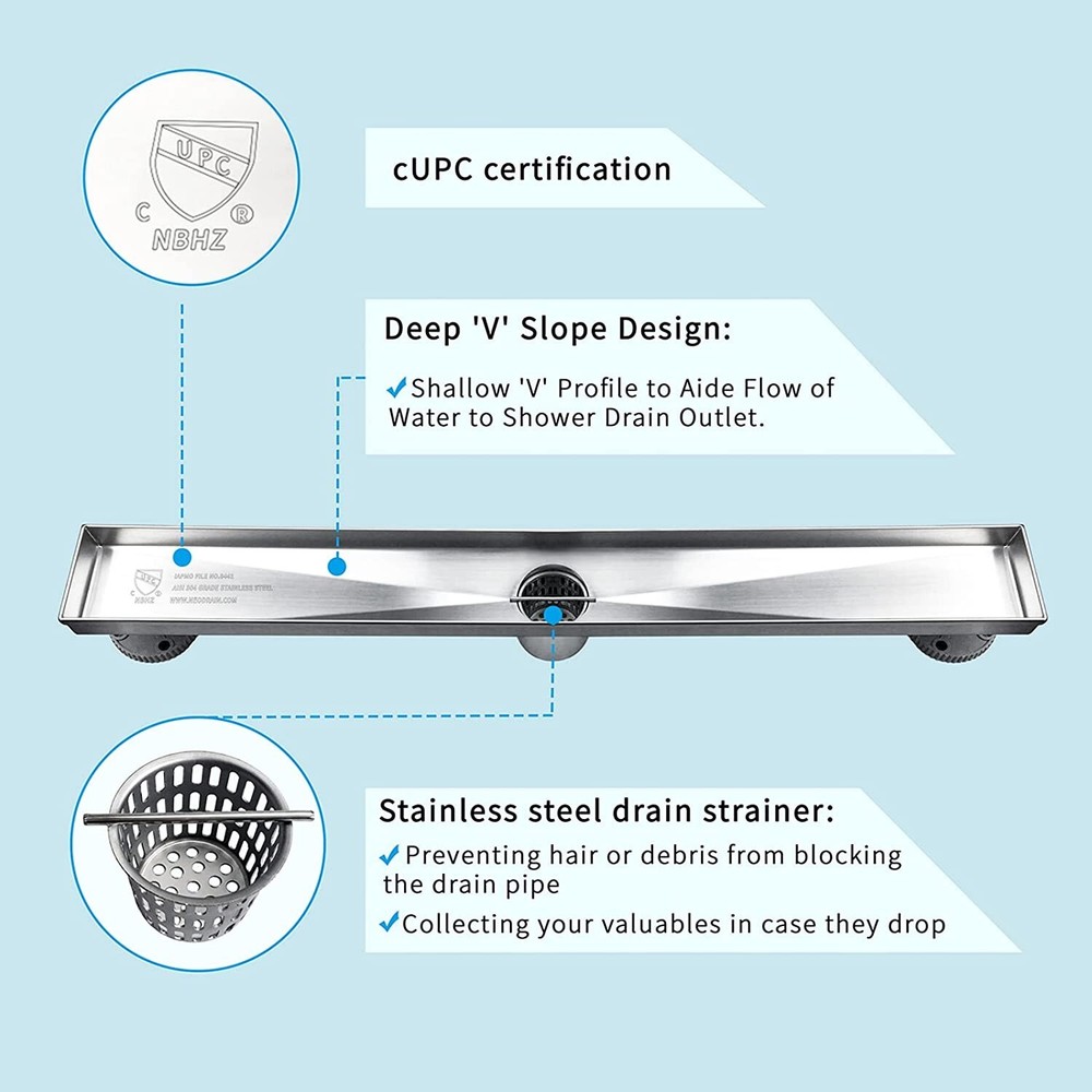24-Inch Linear Shower Drain with Tile Insert Grate Professional Brushed 304 SS