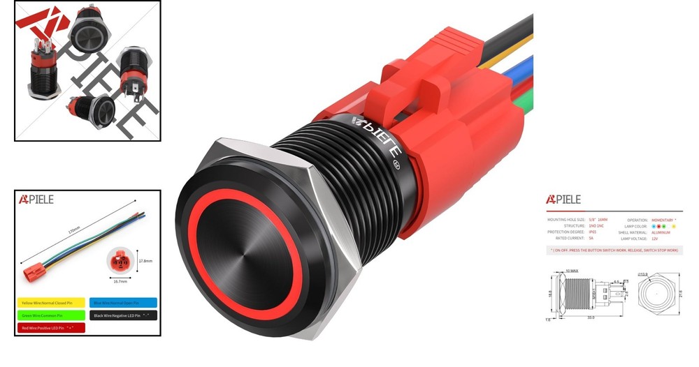Professional Grade Black Shell Push Button Switch with 12V LED and Rating