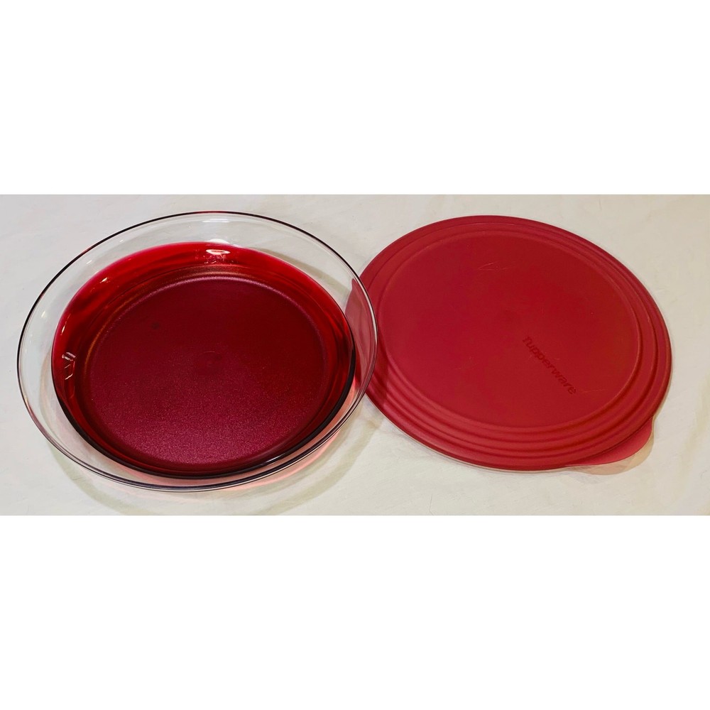 Tupperware Sheerly Elegant Red Round Platter Ruby Seal Clear 10" Serving Plate
