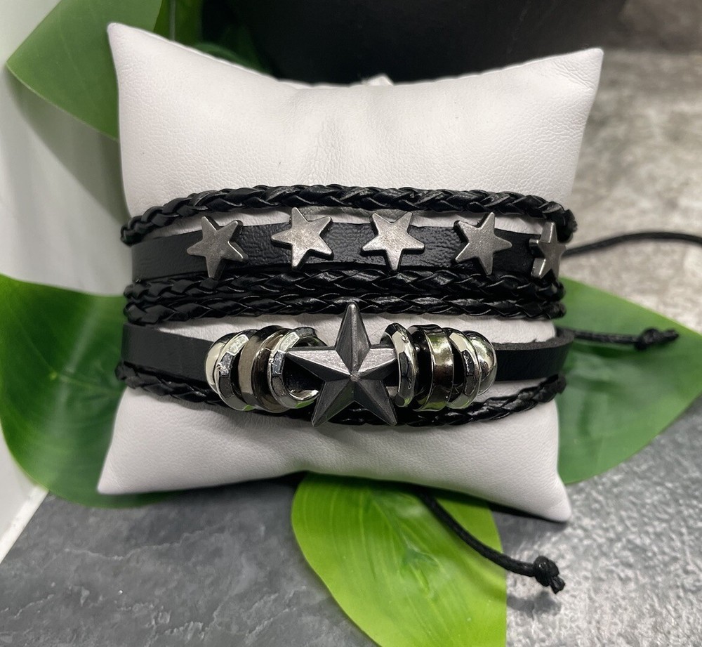 2 PC Leather Bracelet Star Stackable Adjustable Tie Free Ship B3270