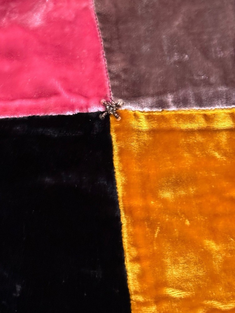 Velvet Patchwork Front Silk Lined Back Beaded Throw Shawl Lap Quilt Boho 68” X36