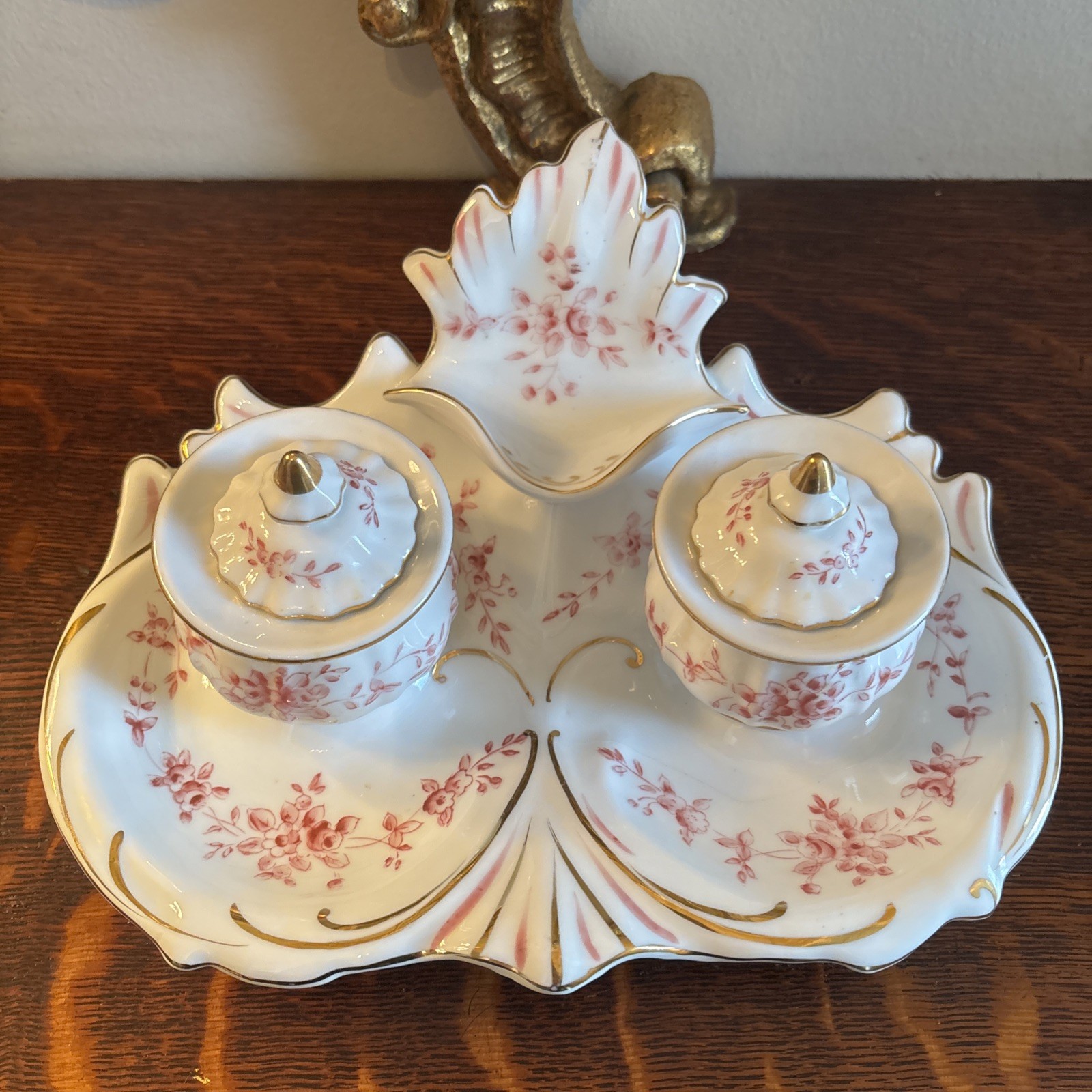 Porcelain 5 Piece Inkwell Dresser Set~Sandrea Japan G904~Chips & Cracks