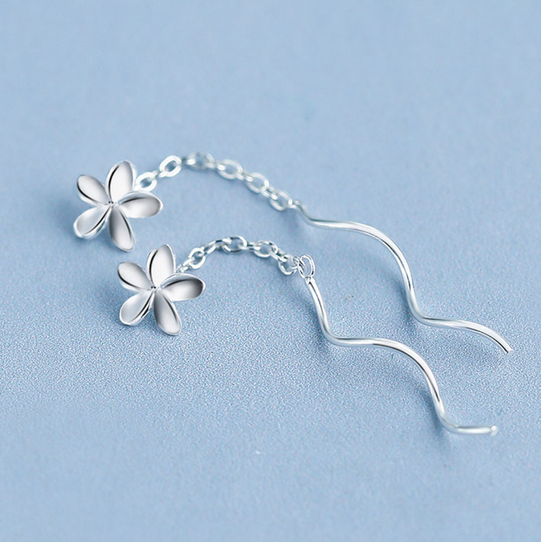 Solid Sterling Silver HAWAIIAN PLUMERIA Daisy Dangle Drop Threader Earrings G11