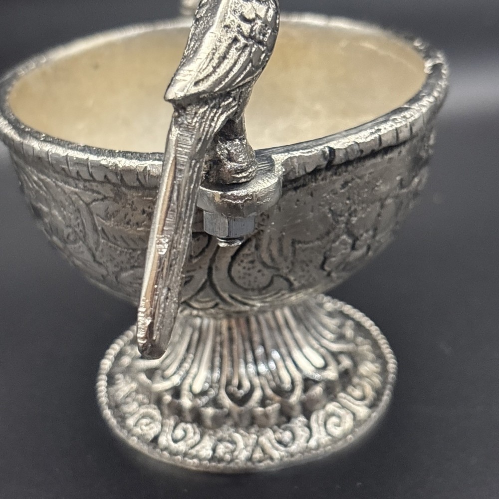 German Silver Bowl With Two Parrots Hand Crafted 3” Dia