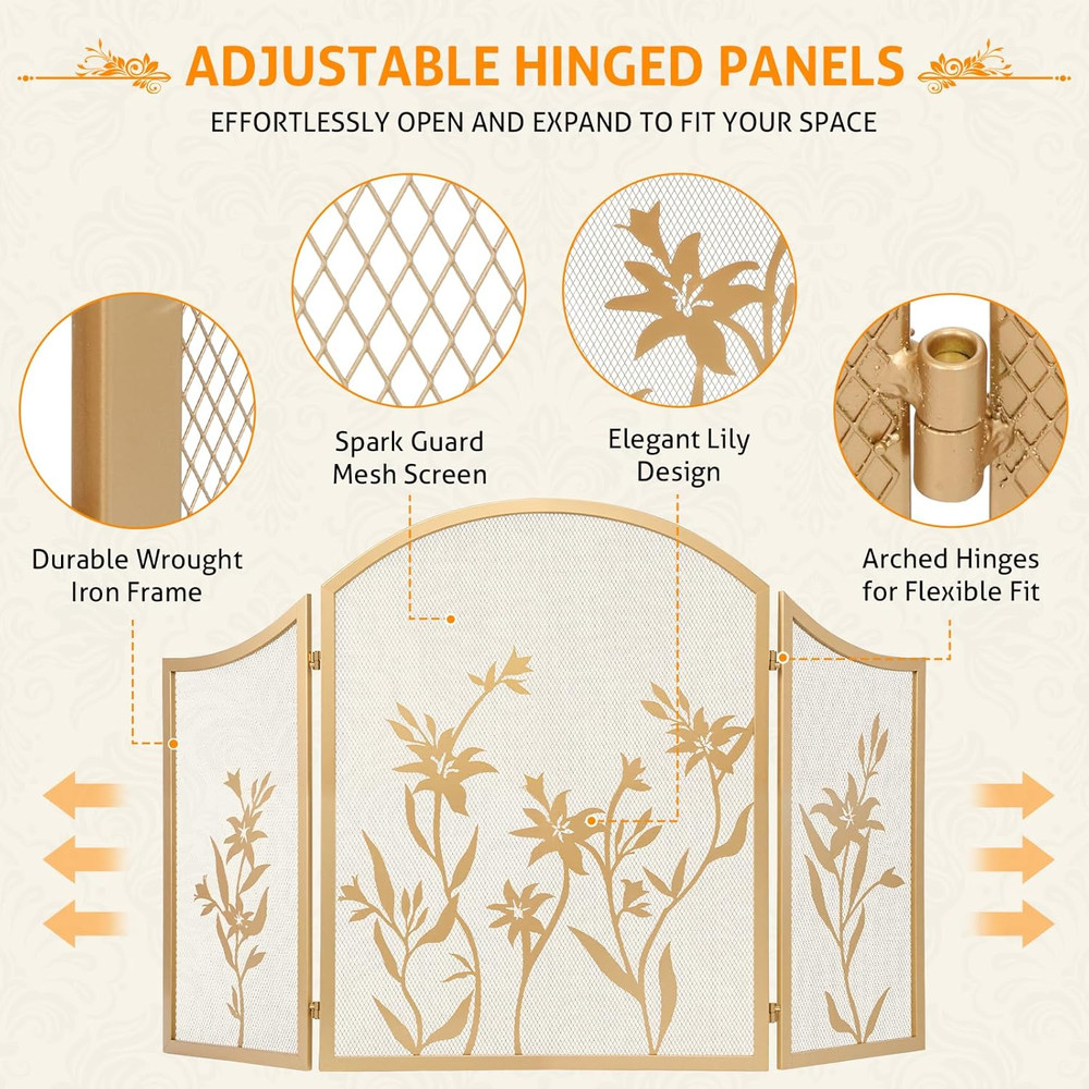 Fireplace Screen 3 Panel Folding Fireplace Screens 48.4 X 25.6 Inch Lily Pattern