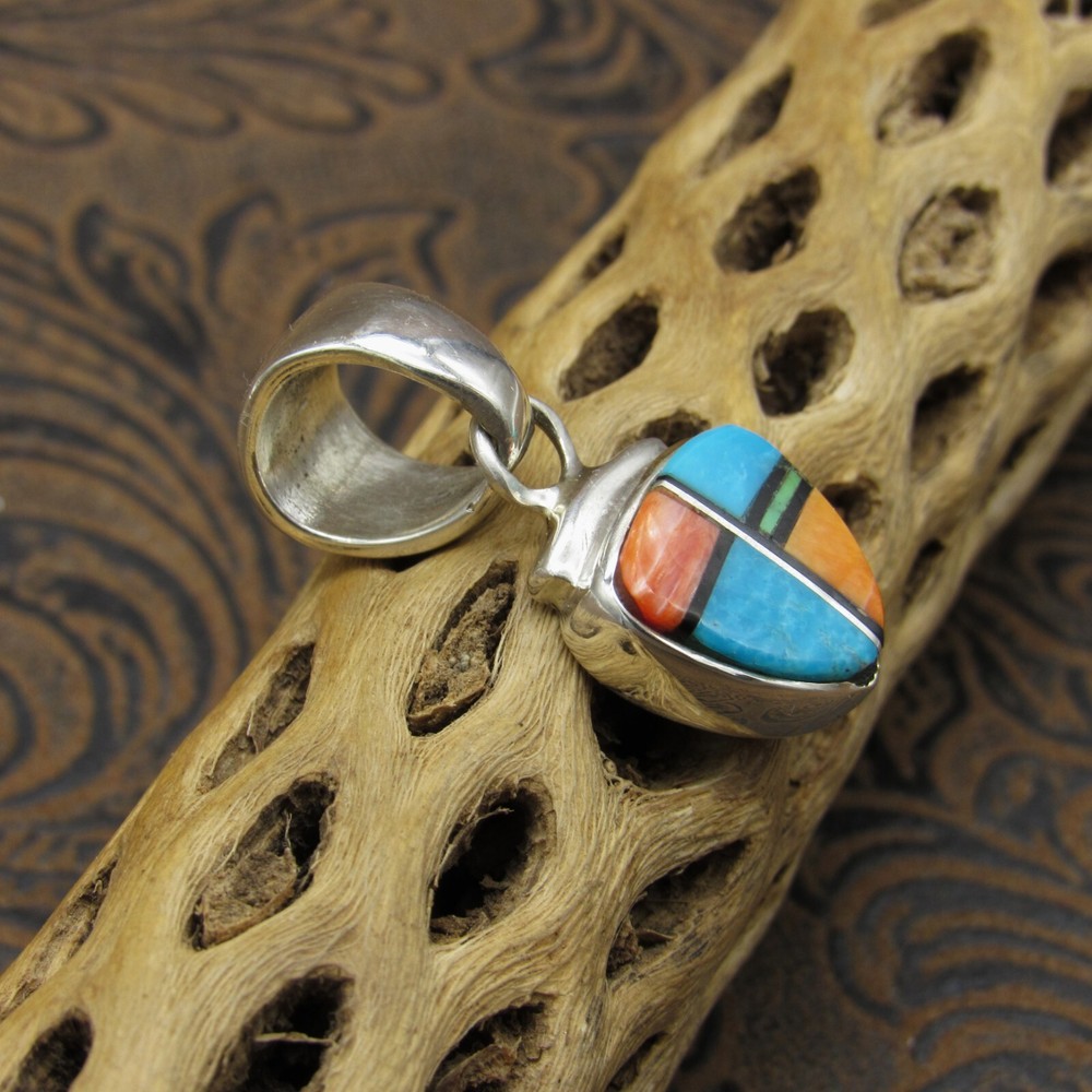 *Sterling Silver Multi-Stone Triangle Inlay Pendant+