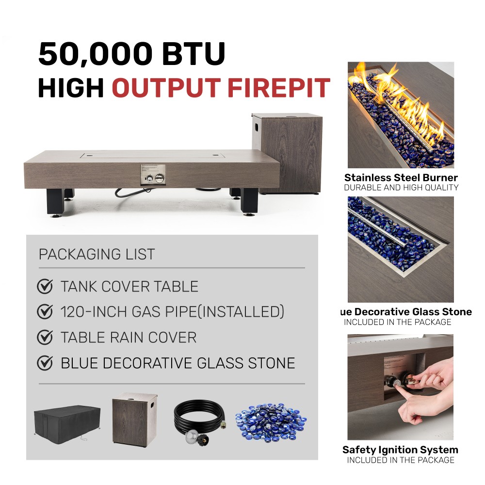 54" Rectangular Propane Fire Pit Table 50K BTU Low-Profile Modern Patio Heater