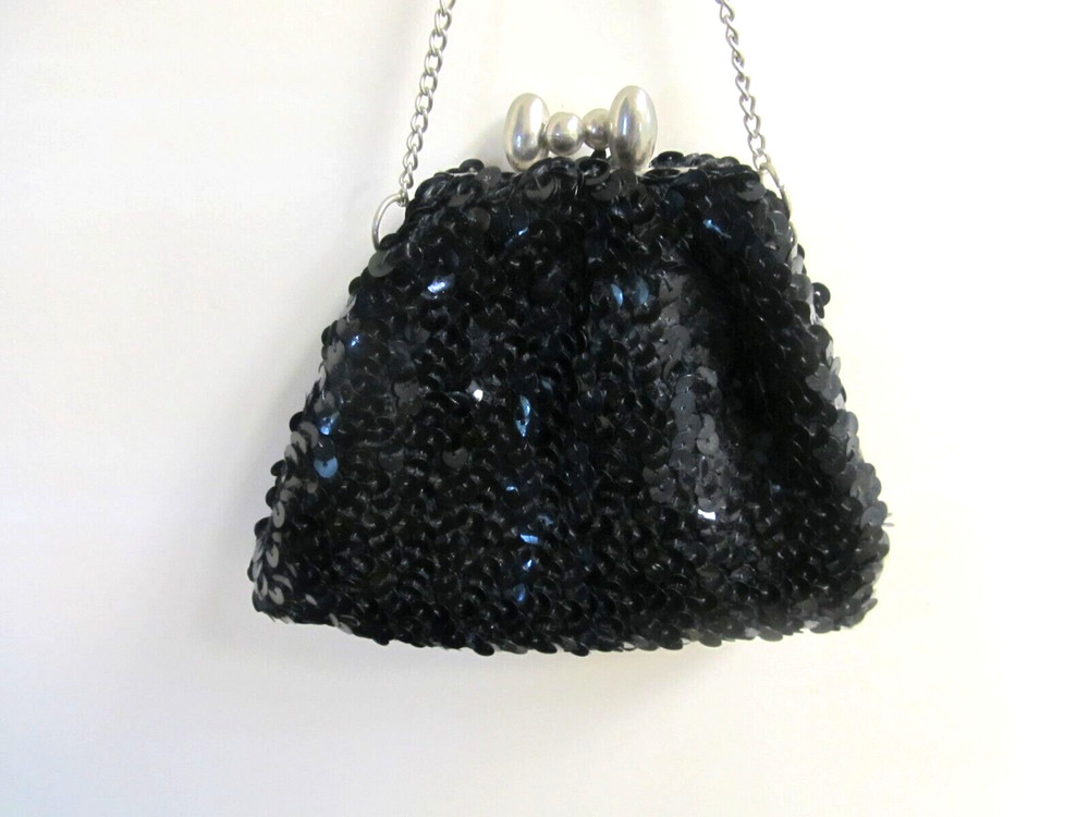 VINTAGE ANTIQUE SMALL BLACK SEQUIN HANDBAG