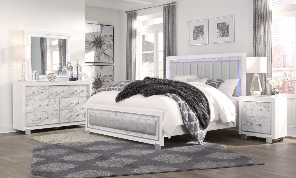 White Marble Nightstand Modern, 2 Spacious Drawers, Solid Wood + MDF​