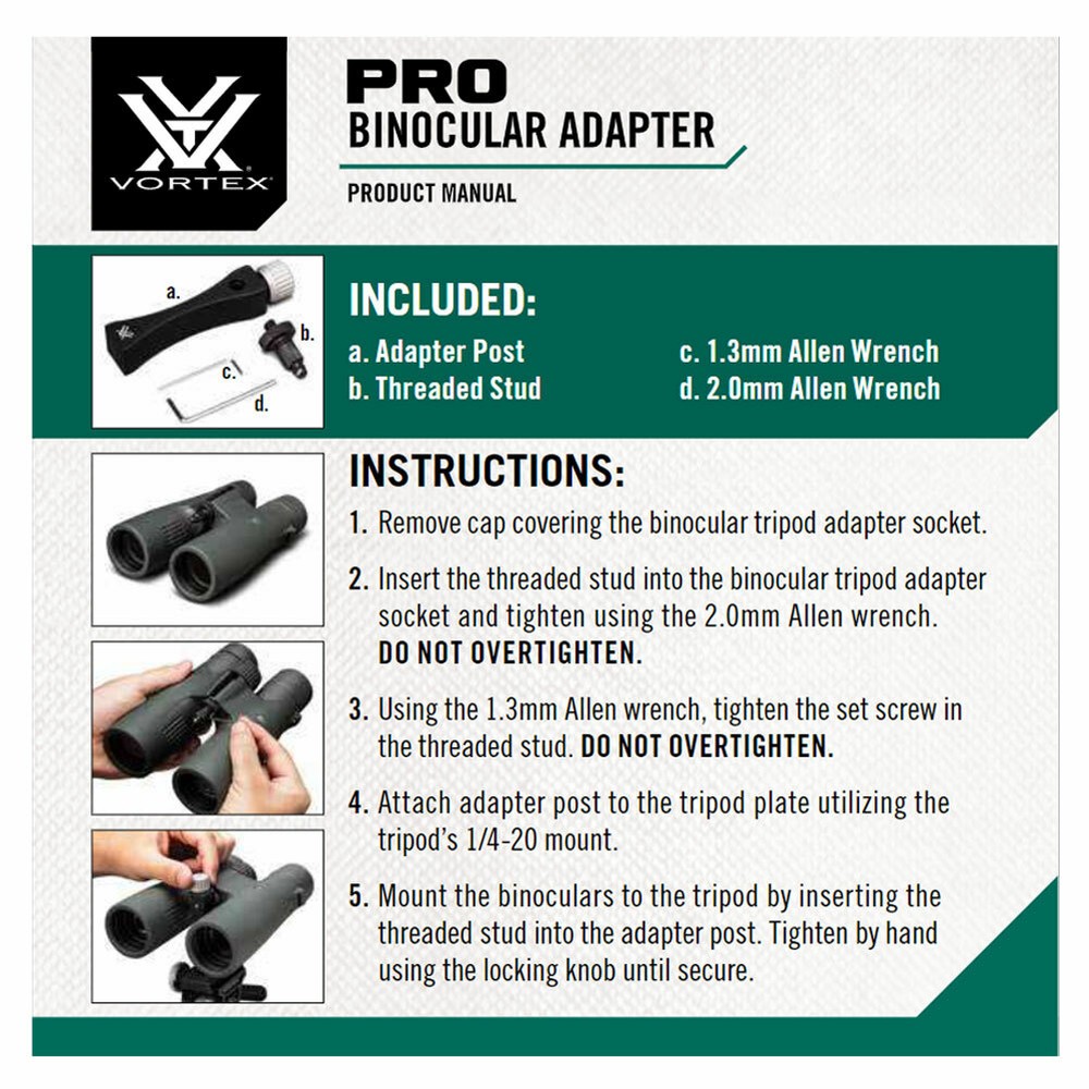 Vortex Optics Pro Binocular Adapter Mount Compatible with 1/4"-20 thread