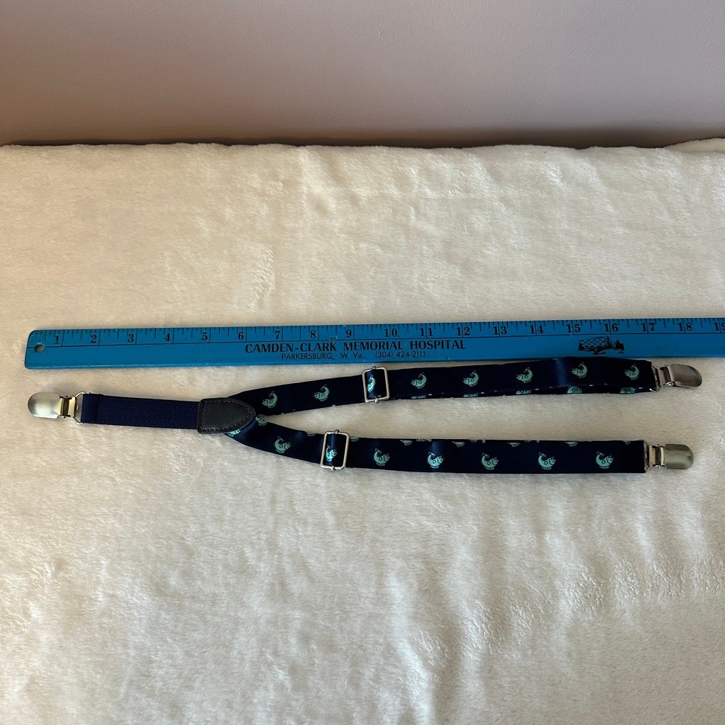 Boys Navy Teal Fish Print Suspenders Y-Back Adjustable Preppy Faux Leather