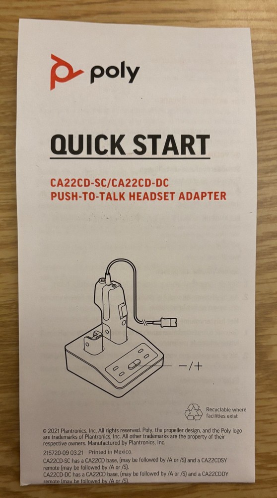 Plantronics Poly CA22CD-SC Push to Talk PTT Headset Adapter