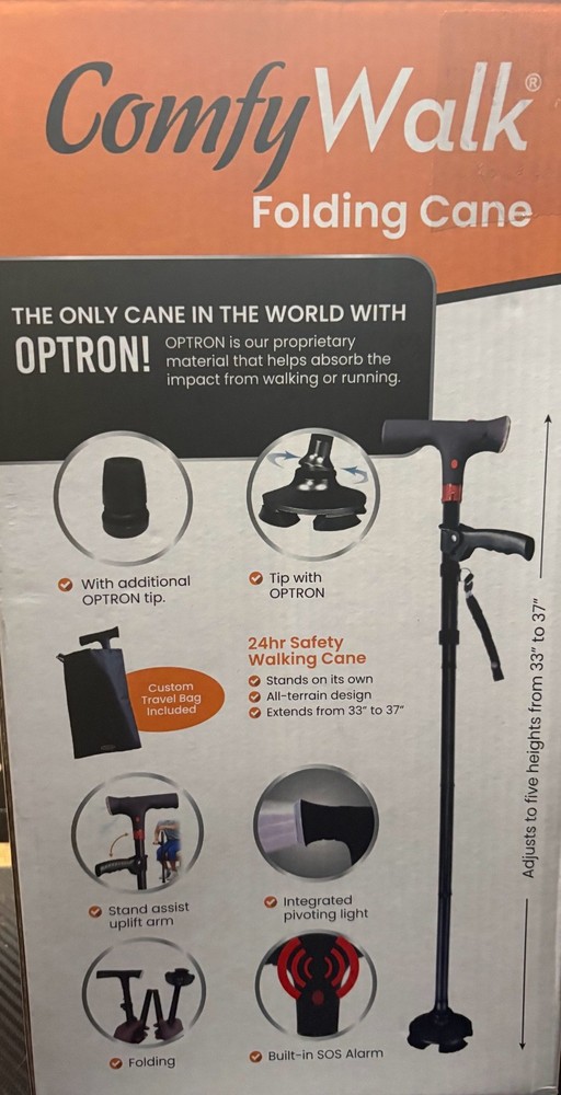 #ComfyWalk Folding Cane with Light, Alarm & OPTRON—Red