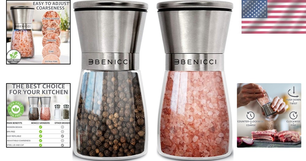 Refillable Manual Salt and Pepper Grinders Set - Adjustable Coarseness Control
