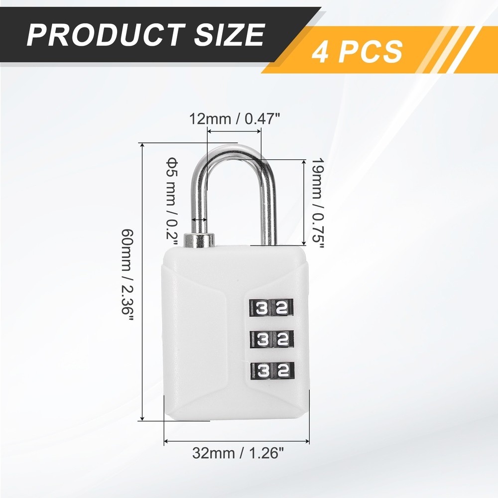 4pcs Resettable 3 Digit Plastic Combination Padlock, White (60 x 32mm)