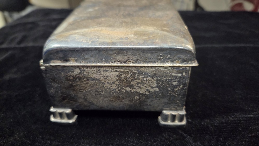 Poole Silver Co 2002 Silverplate Footed Cigarette/Jewelry Box Vintage Wood Lined