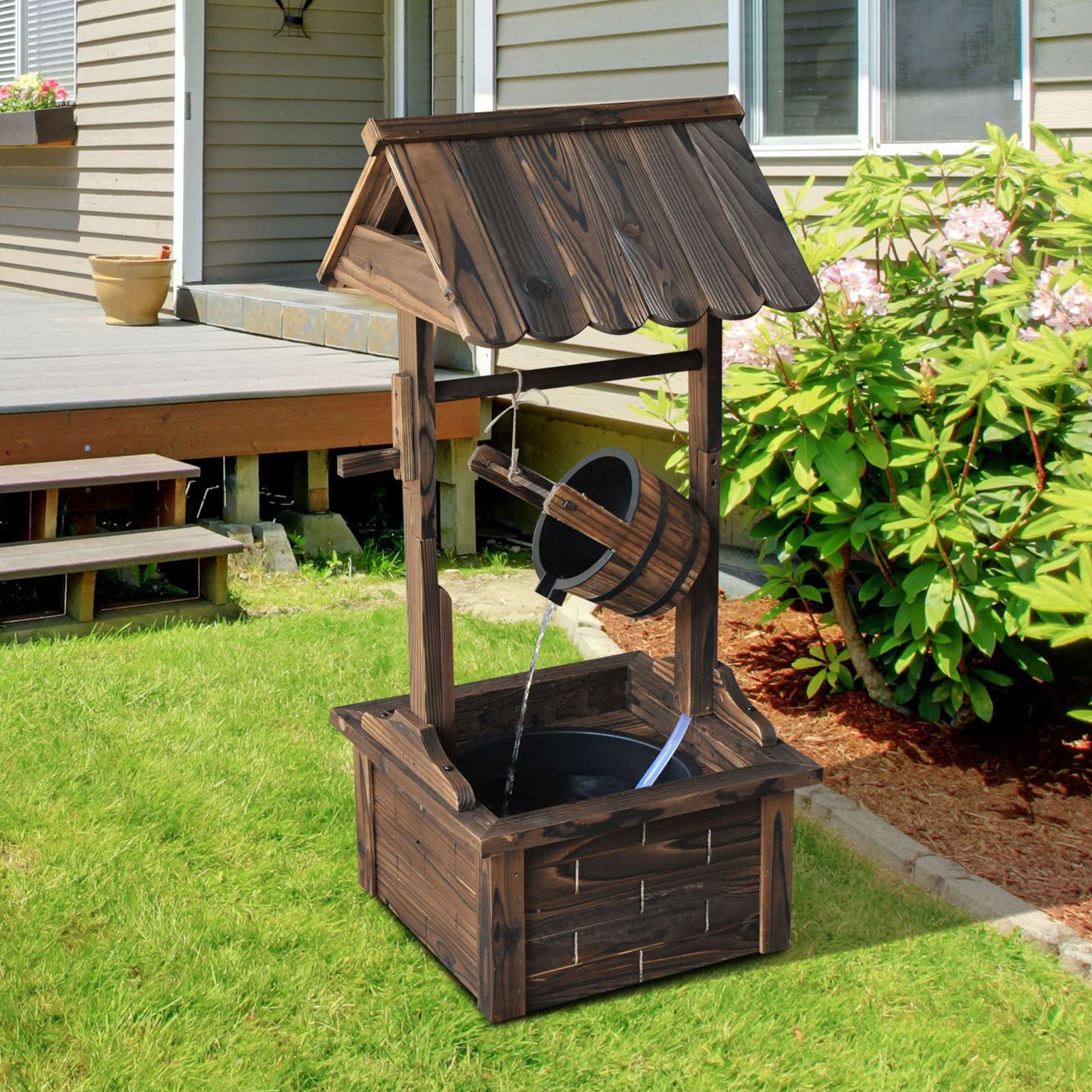 Wishing Well Wooden Outdoor Electric Water Fountain Backyard Decorative w/Pump