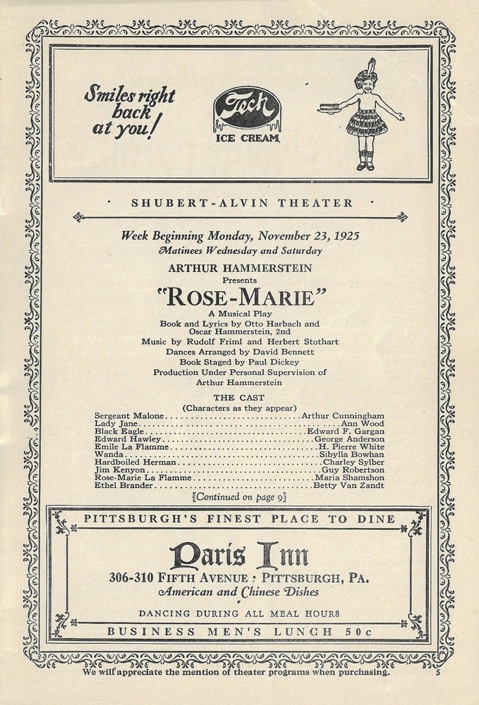 Guy Robertson "ROSE MARIE" Otto Harbach / Oscar Hammerstein 1925 Program