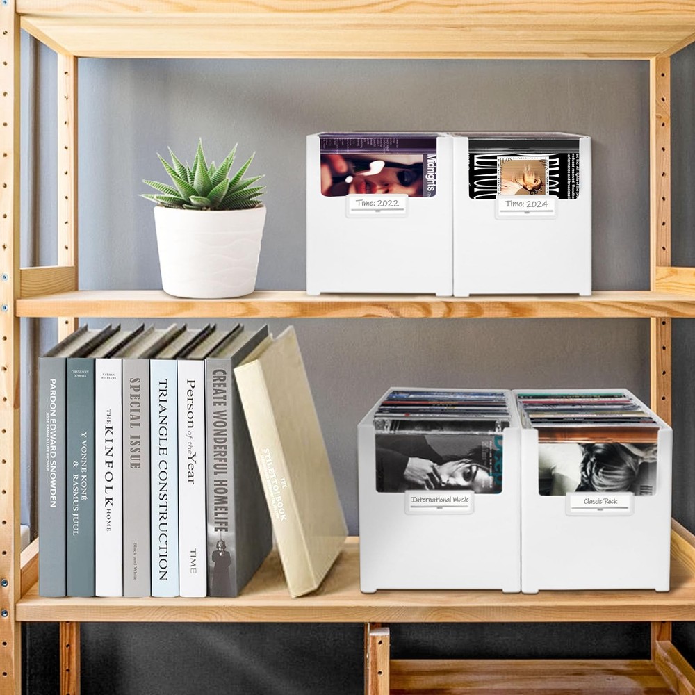 CD Storage Box, Stackable Plastic Organizer, 25 CDs, Case for Desk And Shelf