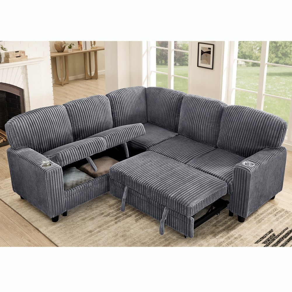 5-Seat L-Shaped Sectional Sofa Bed w/ Pull-Out Bed & USB Charging, Grey