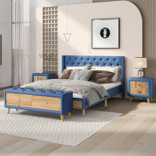Full Queen Size Bedroom Sets Upholstered Platform Bed Frames Nightstands Bench