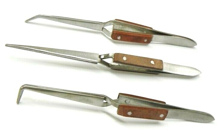 Fiber Grip Cross Lock Tweezers Self Closing 6" Set - Curved + 90° + Straight Tip