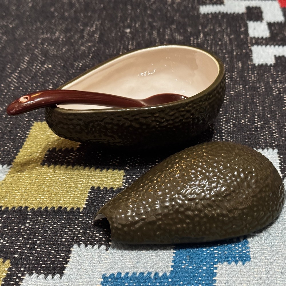 Avocado Shaped Lidded Ceramic Dish with Serving Spoon