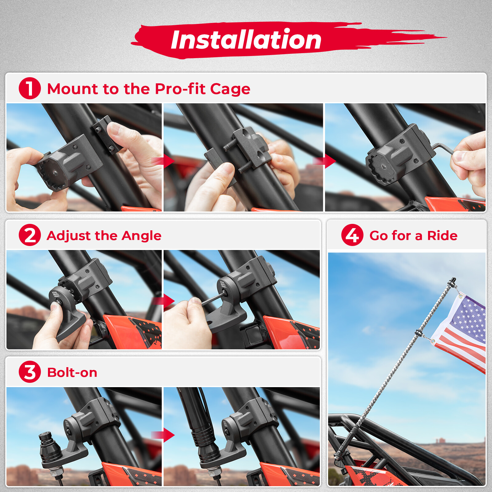 KEMIMOTO UTV Flag Mount Bracket Holder Fits 1.75" to 2" Rollbar Cage for X3 RZR