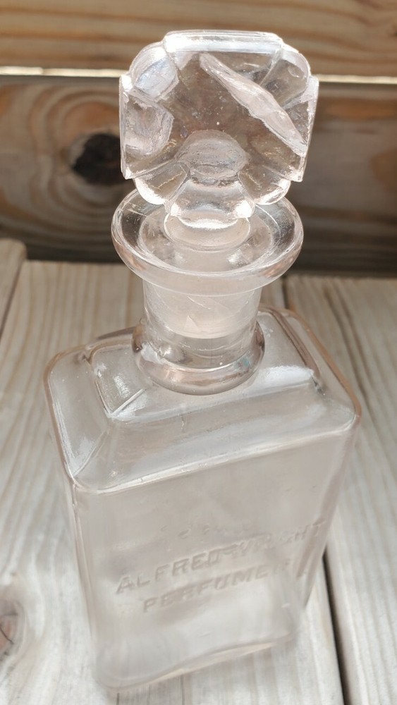 Alfred Wright Perfumer Embossed Rectangular Perfume Clear Bottle Cross Stopper
