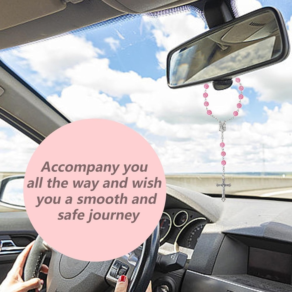 Car Rosary for Rearview Mirror, 2PCS Personalized Rear View Cross Blessing Beads