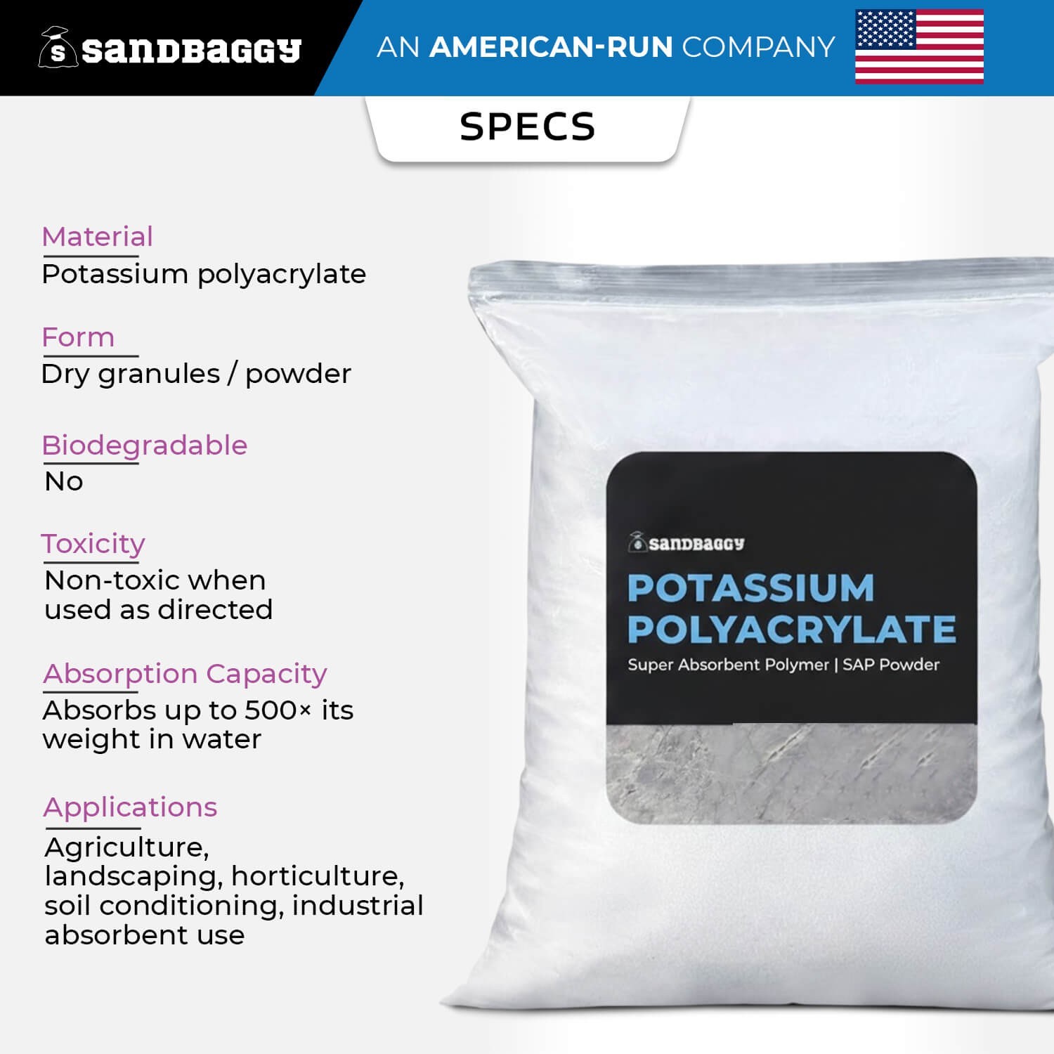 Potassium Polyacrylate Super Absorbent Polymer | SAP Powder - Sandbaggy