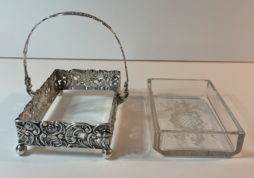 Germany Sterling Repousse Basket Etched Glass Insert Rectangular Swing Handle