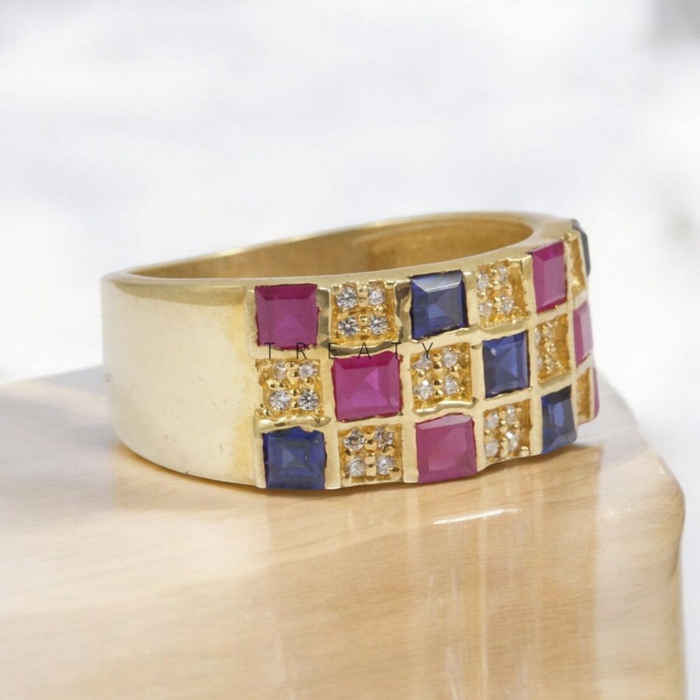 Ruby Square Cut With 14K Solid Yellow Gold Ring For Men's #A114