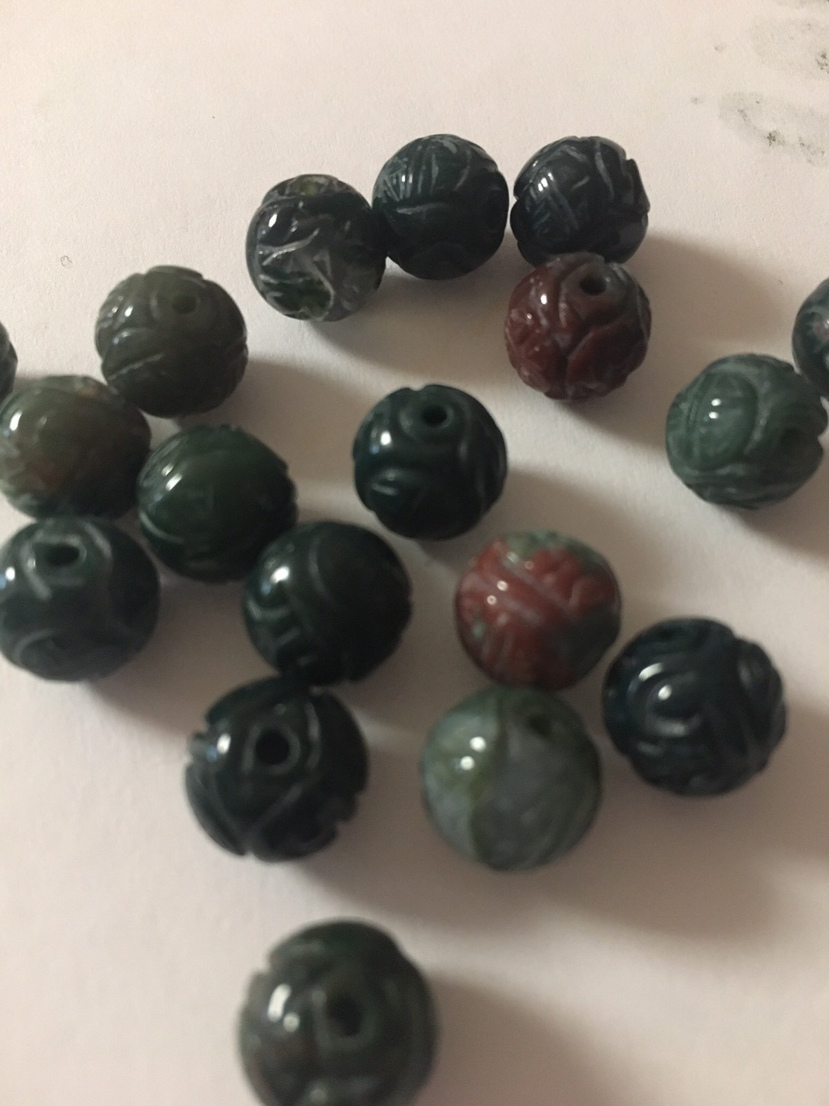 One Vintage Carved Chinese Bead Green Bloodstone Stone Round w/ Shou Design 10mm