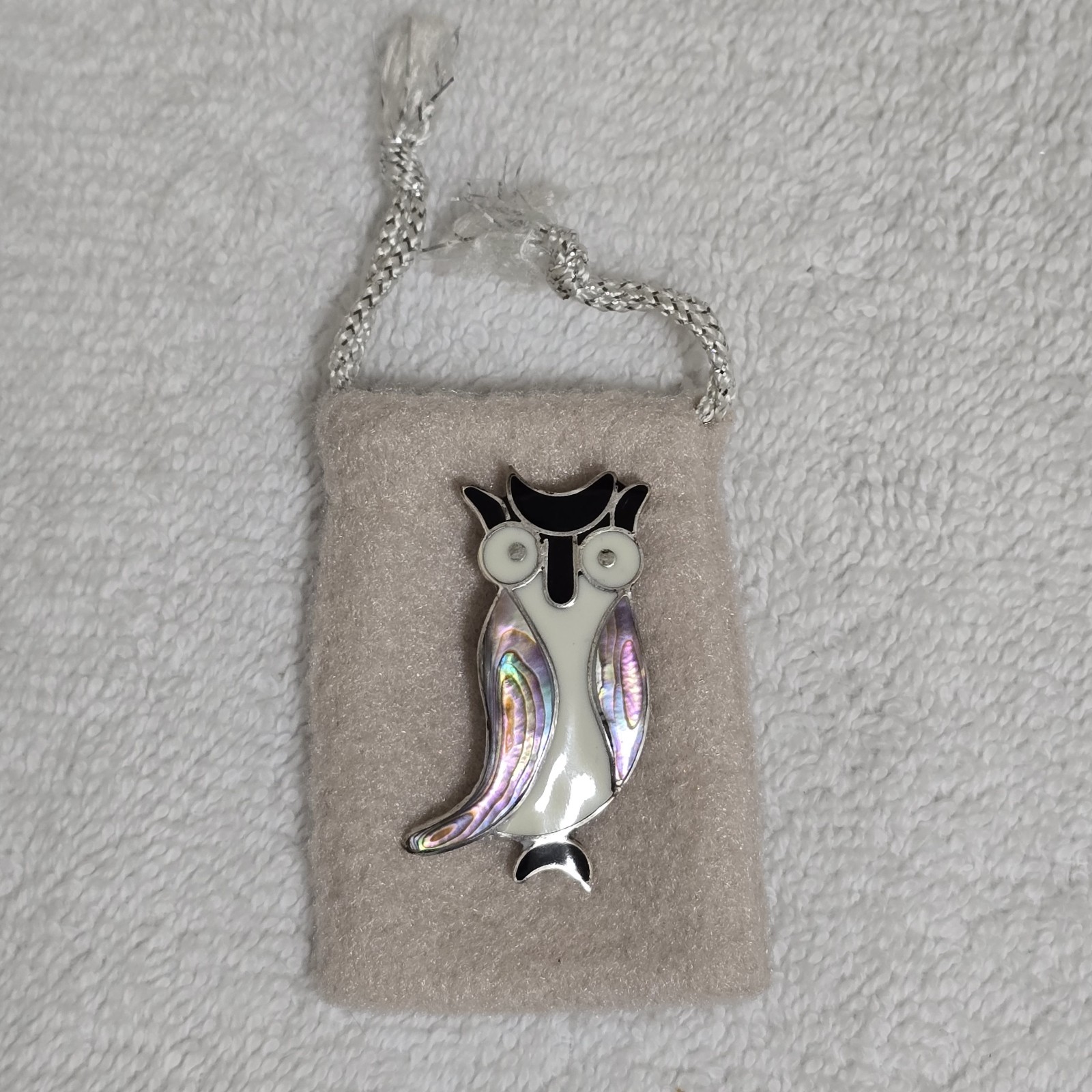 Vintage Brooch Pin Alpaca Mexico Abalone Shell Owl .75" x 1.5"