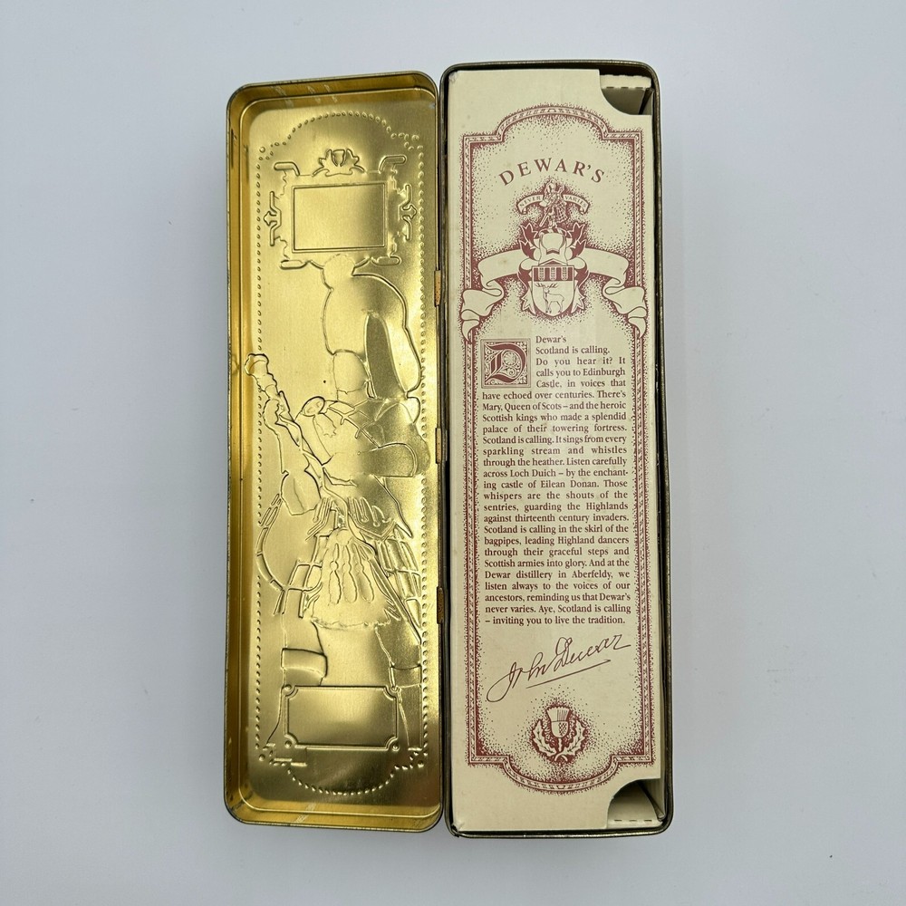 Vtg Dewars White Label Scotch Whisky Empty Embossed Tin The Dewars Highlander