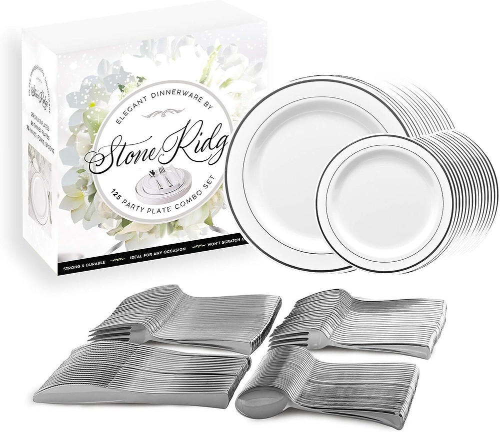 125 Pack Classy Disposable Plates with Plastic Silverware, Set Includes 25 Each