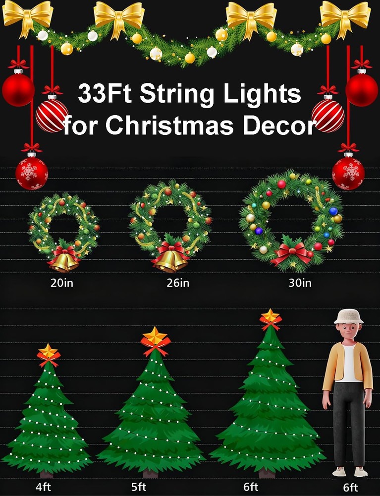 echosari Christmas String Lights, 100 LED Smart 33 Ft, 33Ft Clear Cable