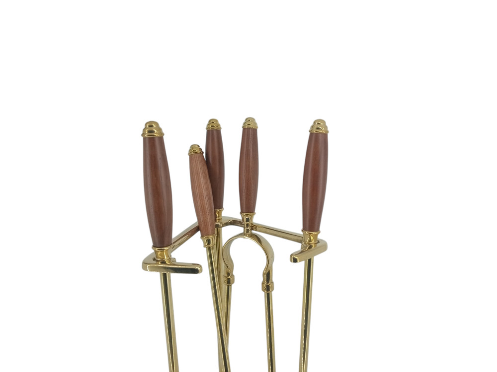 Fireplace Accessory Set Tool Kit Polished Brass Tripod Wood Handle