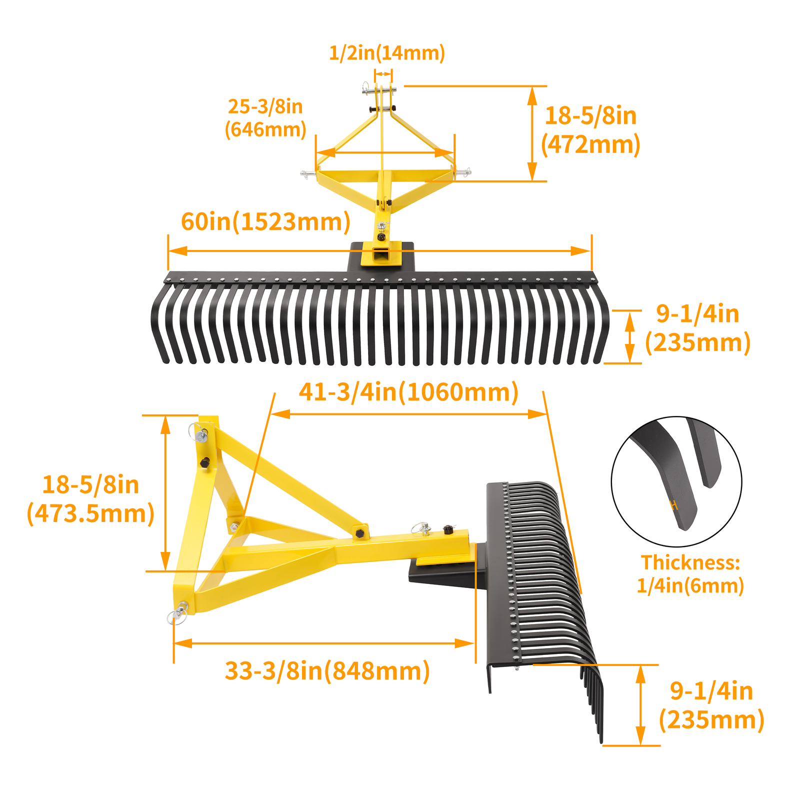 Yellow 3-Point Landscape Rock Rake Garden Tool For CAT 1 Tractors Hookup 5 FT