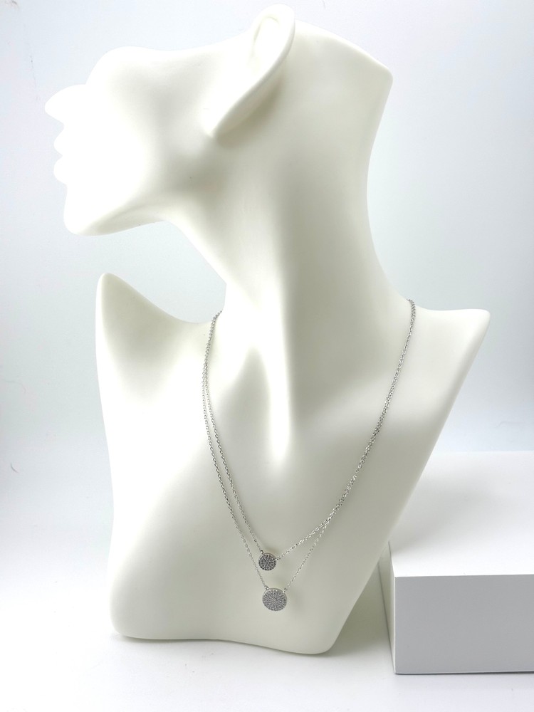 925 Silver Small Double Round CZ Disc Layered Necklace