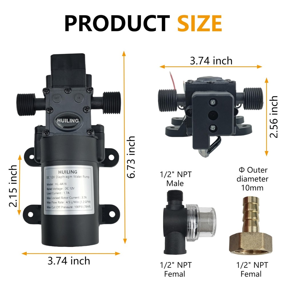DC 12V Diaphragm Pump, Self-Priming Pump with Filter Quick Connection Termina
