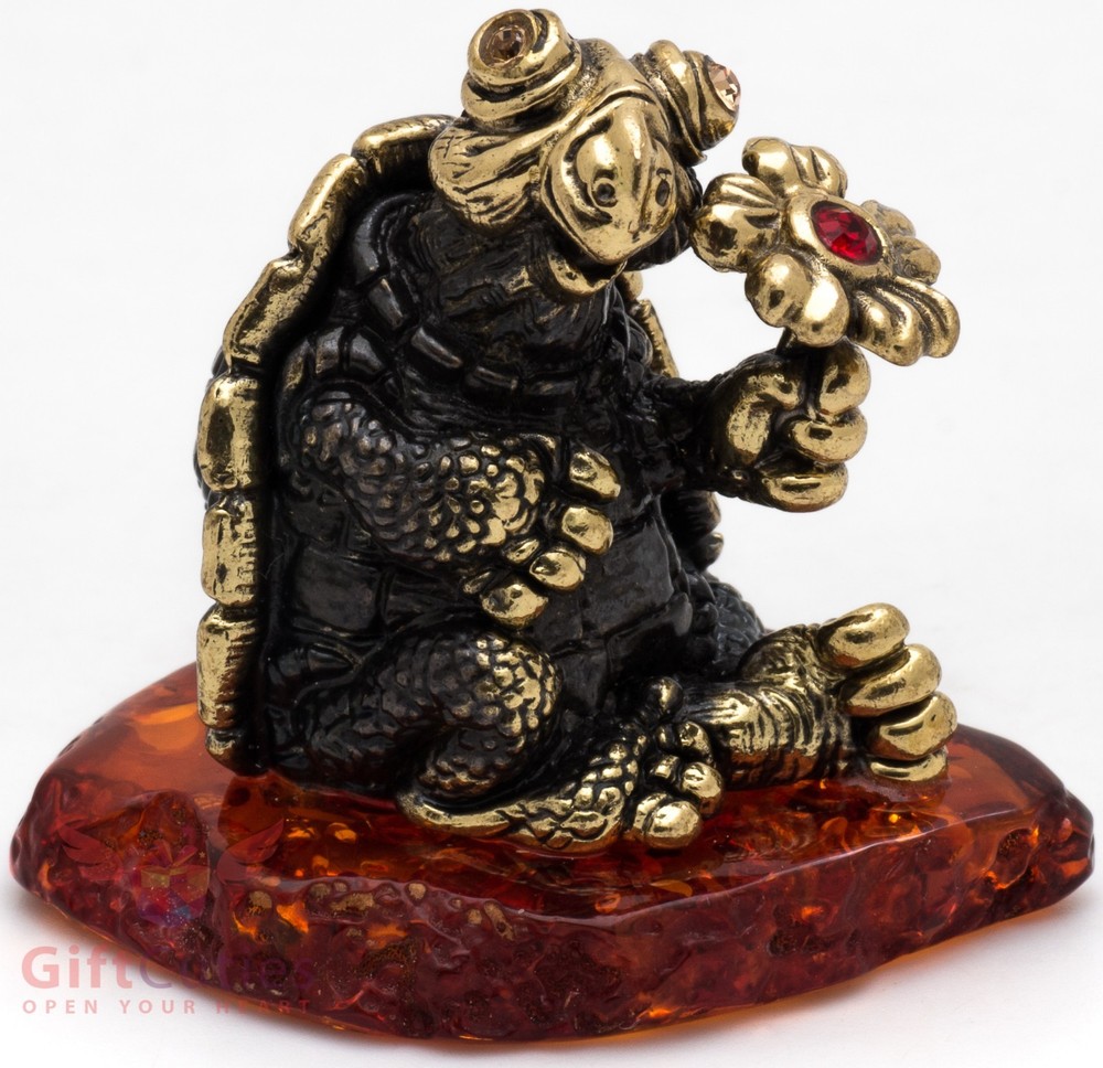 Solid Brass Amber Figurine Tortoise Turtle with a flower talisman IronWork