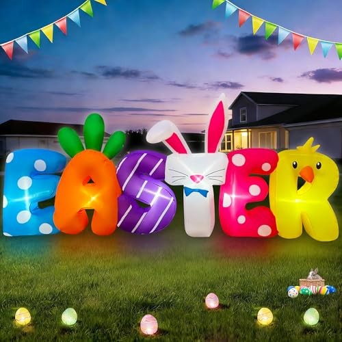 8 FT Easter Inflatables Banner Outdoor Decorations LED Lighted Easter Blow Up