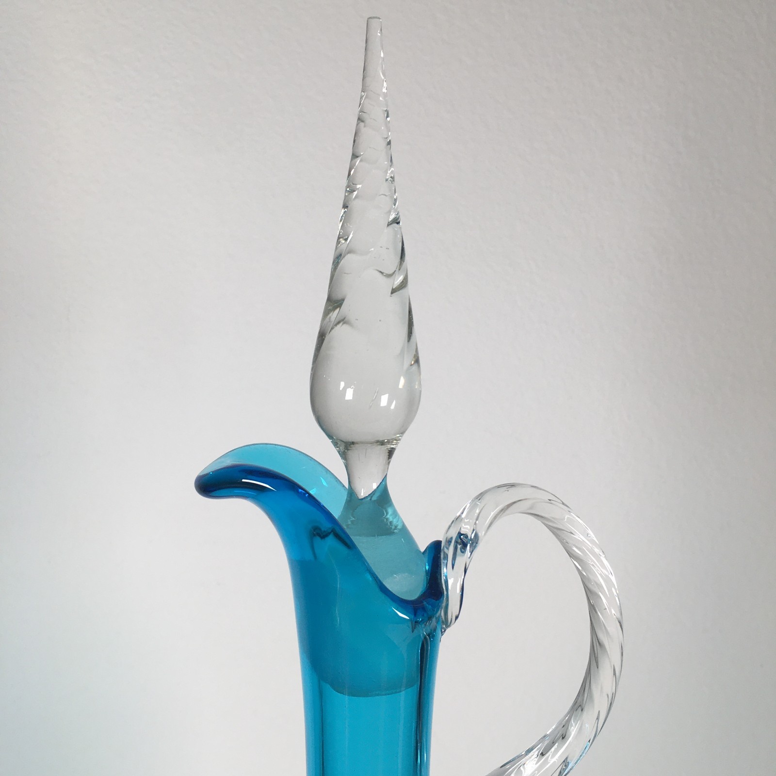 Vintage MCM Empoli Turquoise Glass Decanter w/Clear Flame Glass Stopper 20"