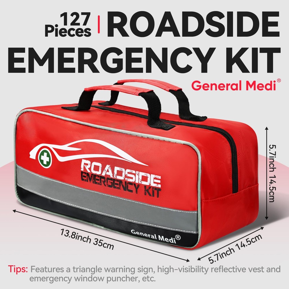 General Medi 127Pieces Roadside Car Emergency Kit Include Mini First Aid Kit,...