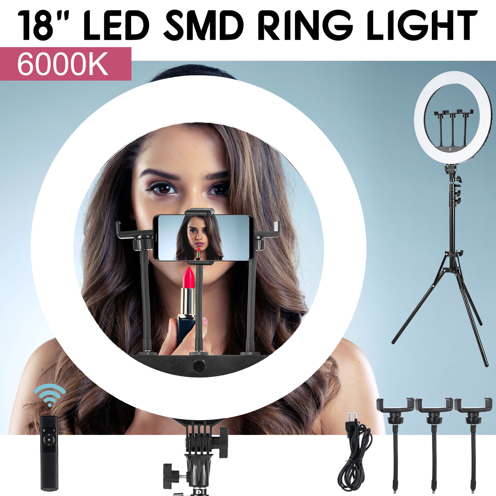18" LED Ring Light Kit With Stand Dimmable 6600K For Makeup Phone Camera Youtube